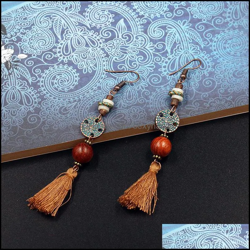 Hot Fashion Jewelry Women`s Creative Wooden Beads Vintage Tassles Alloy Dangle Earrings S395