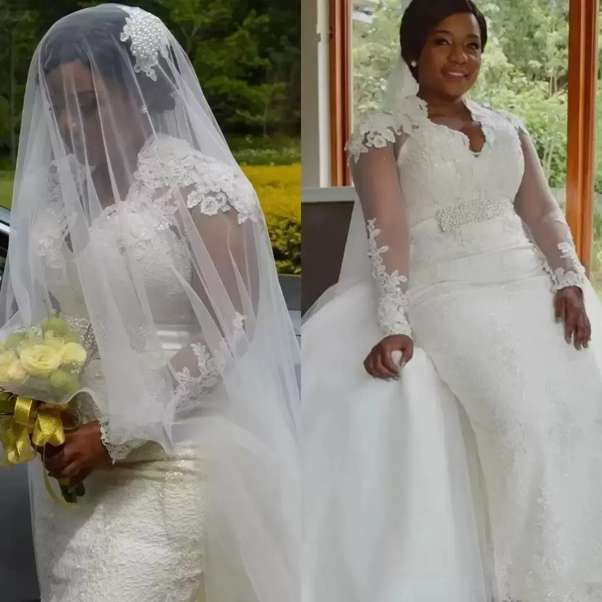 Manches longues 2022 Robes de mariée sirène robe nuptiale avec sur-jupe des cristaux perlés balayez le train dentelle applique personnalisée plus taille V couche V Robe de Mariee