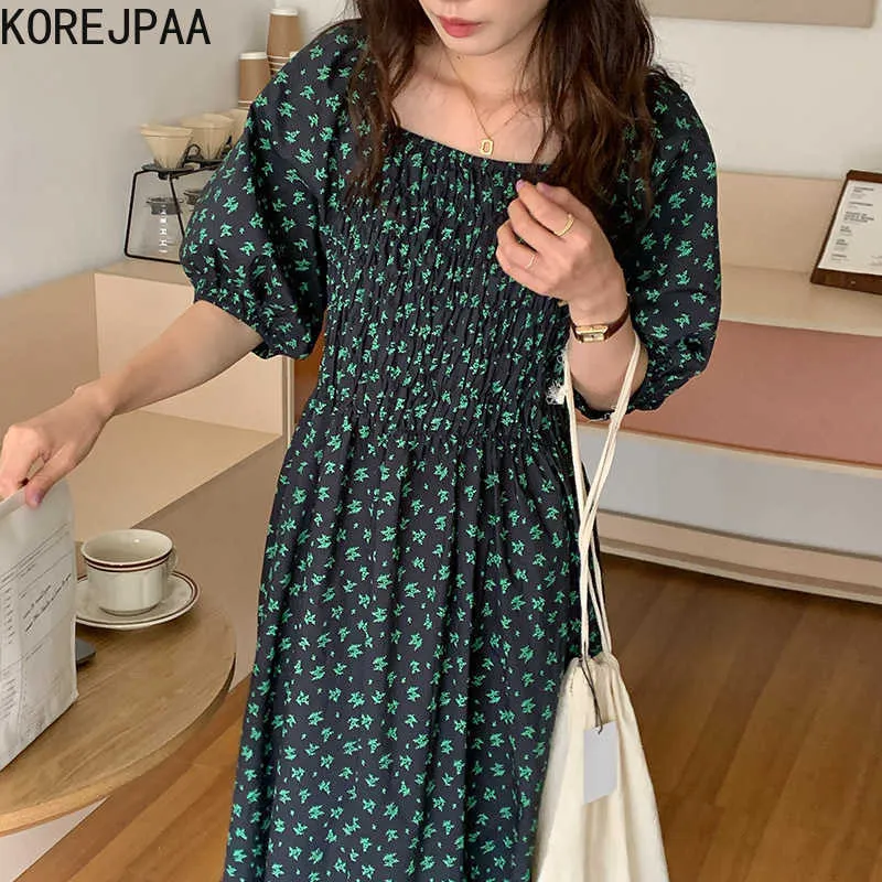 Korejpaa Frauen Minikleid Sommer Koreanische Mode Chic Print Square Neck Kleine Blumen Plissee Geraffte Taille Casual Kleider 210526