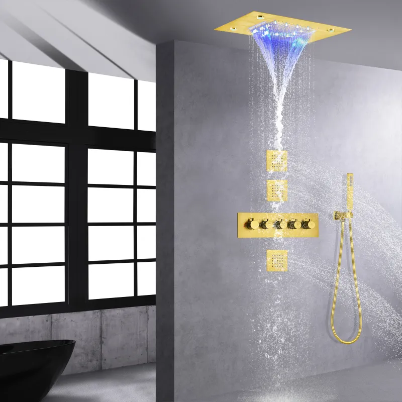 Ouro escovado termostático 14 x 20 polegadas LED cachoeira chuvas chuveiro de última geração conjunto de torneira misturadora de banho jato pulverizador corporal todas as funções podem funcionar juntas