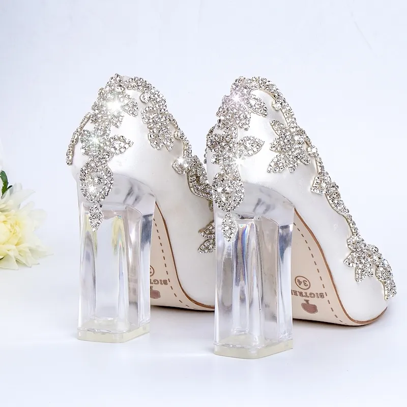 Свадебные туфли невеста четкие каблуки хрустальные насосы Рождественские дни вечерняя вечеринка роскошная королева сатин шелк 10см квадратный каблук плюс размер 10 210225