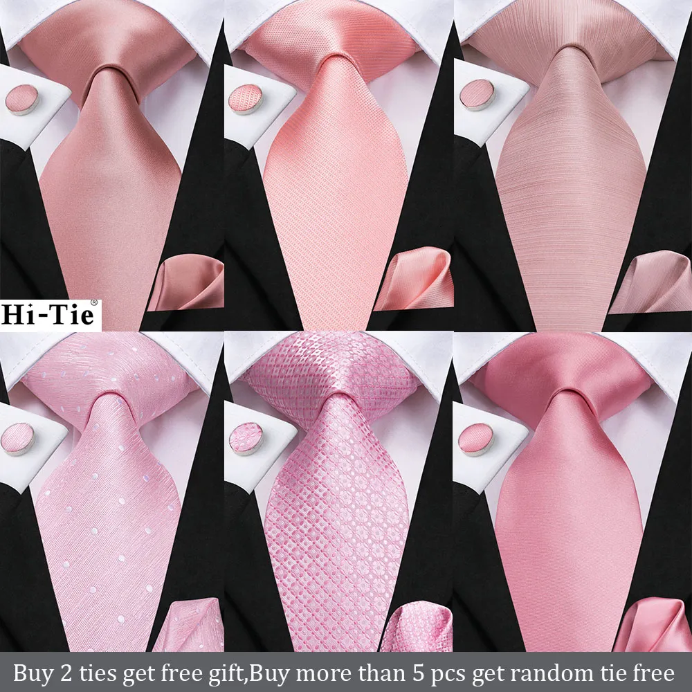 Hi-Tie Silk Mens Ślubny Krawat Peach Pink Solid Prezent Nectie Dla Mężczyzn Mody Design Hanky ​​Cufflink Set Business Party