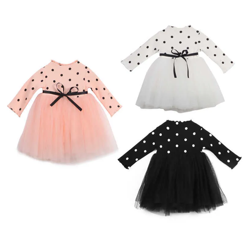 0-4Y Kid Girls Princess Baby Klänning Nyfödd Spädbarn Baby Girl Kläder Bow Dot Tutu Ball Gown Sweatshirt Klänning 3 Style Outfit Party Q0716