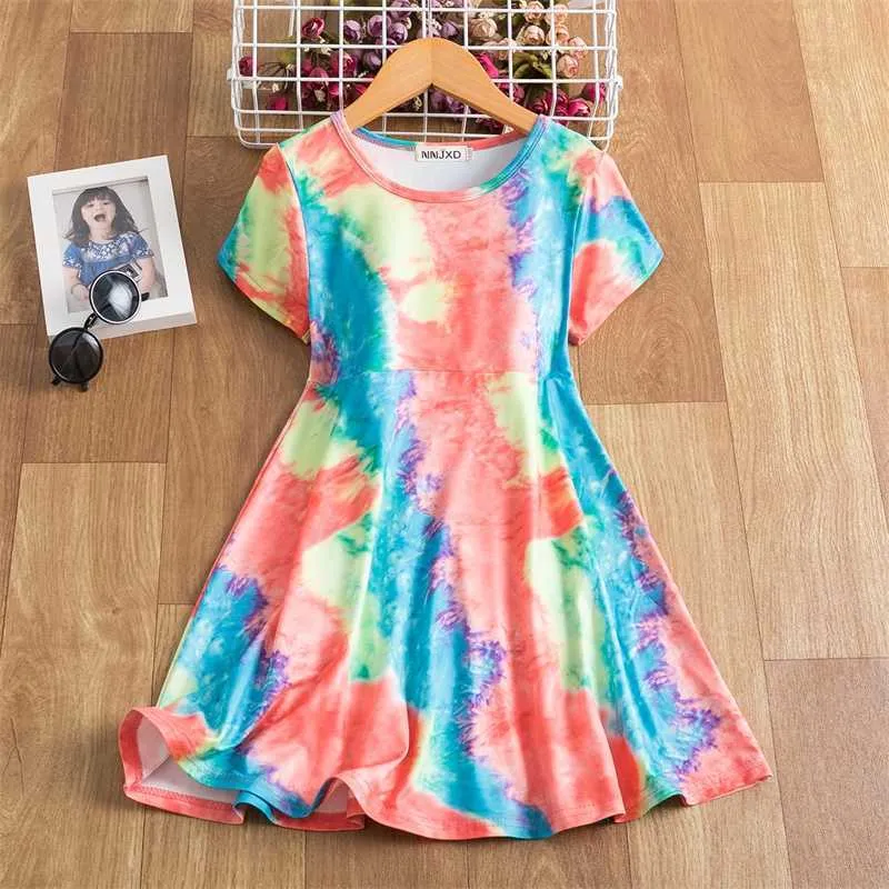 New Bohemia Style Beach Dress For Girls Summer Short Sleeve Tie Dye Printing Carnival Party Costume Casual 3-8T Girls Sundress Q0716