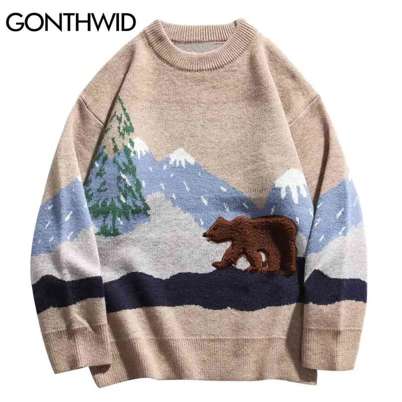 GONTHWID Snow Mountain Bear Patchwork Knitted Jumper Sweaters Streetwear Mens Hip Hop Harajuku Casual Knitwear Fashion Knit Tops 210820