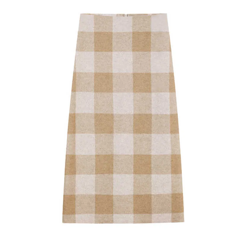 Misschien U Khaki Groene Wit Plaid Potlood Rok Midi Calf Empire Winter Elegante Vintage Retro S0105 210529