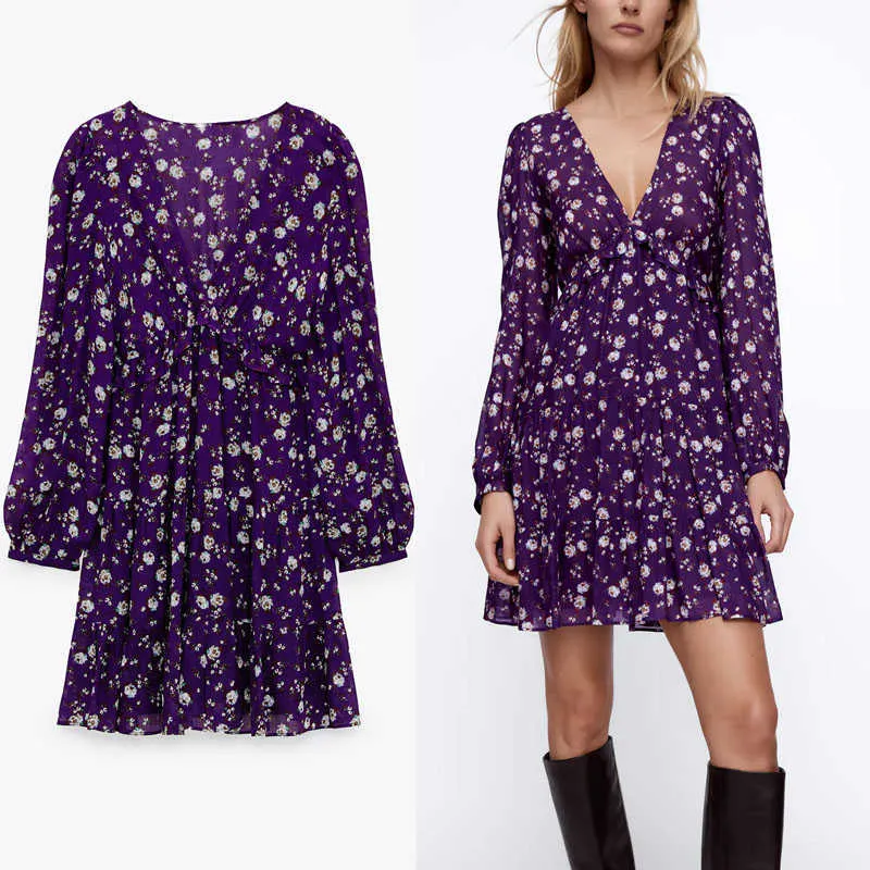 Za élégant imprimé floral violet mini robe femmes à manches longues à volants taille élastique vintage robes froncées doublure robe 210602