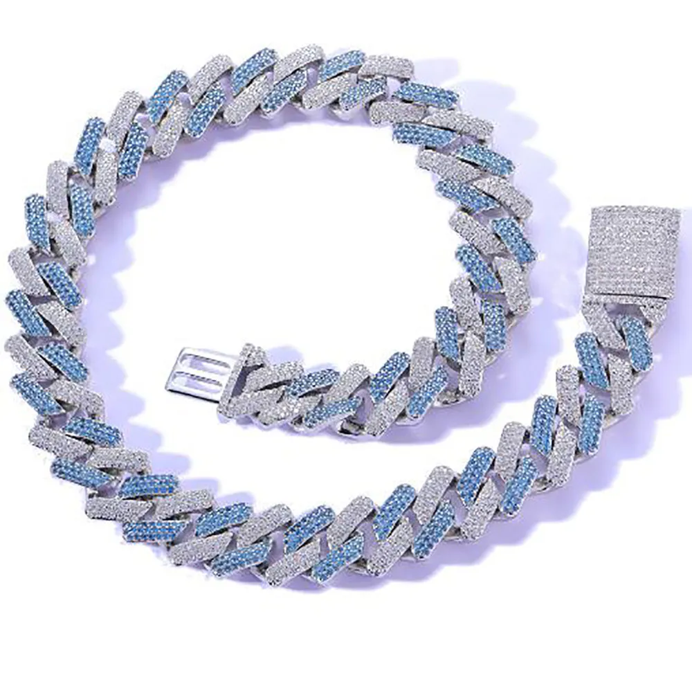 14K wit vergulde blauwe zirkoon 20mm iced zware cubaanse chainbracelet diamant prong link ketting hiphop sieraden 16 inch-24 inch