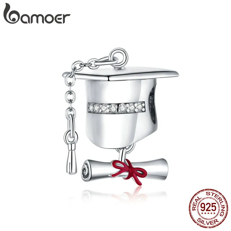 bamoer echt 925 sterling zilver CZ vierkante college cap metalen charme voor originele zilveren armband schattige diy charms geschenk BSC357 Q0531