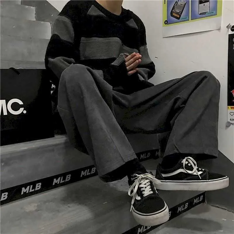 Spodnie Lato Sztrukoloy Spodnie szerokokrajowe Koreańska wersja Retro Dark Luźna Prosta Ulica Mężczyźni Kobiety Para Spodnie Uczniowie 210526