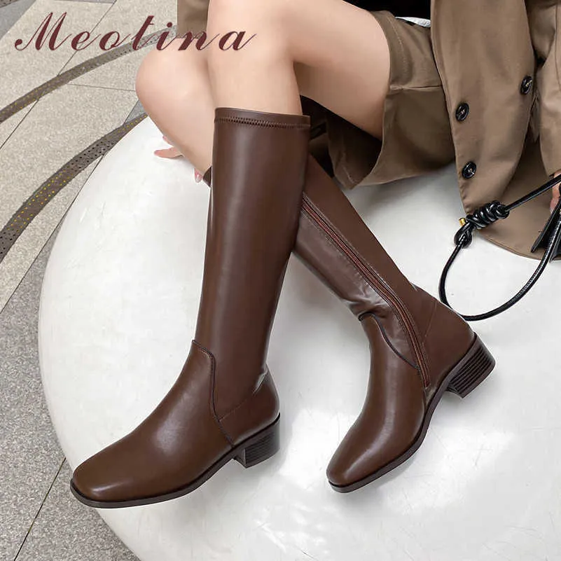 Meotina Prawdziwej Skóry Koleń Wysokie Buty Square Toe Mid Heel Woman Buty Chunky Heel Długie Buty Zipper Kobiece Buty Brown Black 210608