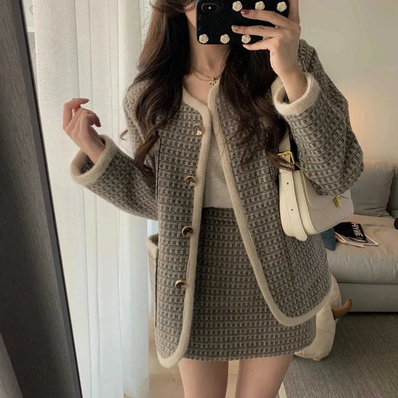 Herfst Winter Koreaanse Fashion Casual Plaid Tweed 2 Stuk Set Vrouwen Jas Jas + Mini Rok Pakken Vrouwelijke Vintage Twee Stuk Sets 211119