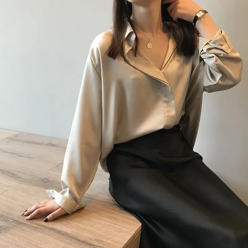 Kadın Bluz Gömlek 2021 İlkbahar Sonbahar Kadın Kazak FUAX İpek Bluz Kore Uzun Kollu Bayan Tops ve Vintage Şifon