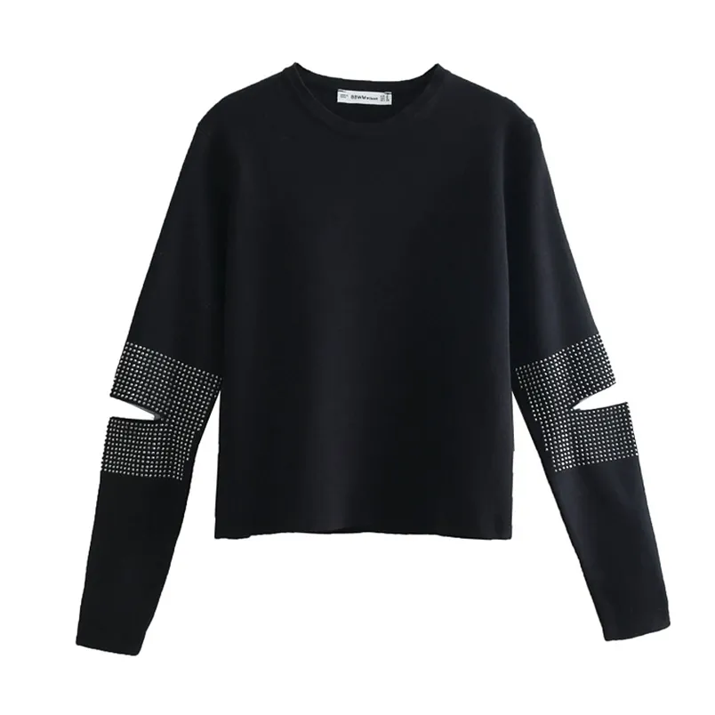 WOMAN Shinning Beading Hole Sleeve Black Sweater Fashion Women O-Neck Pullovers Casual Female Knitwear 210531