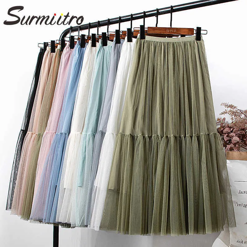 Surmiitro Spring Sumper Long Tulleスカート女性韓国風グリーンメッシュハイウエストサンスクールMIDIプリーツスカートメス210712