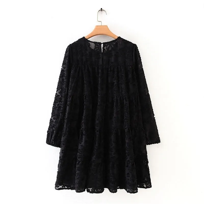 Femmes High Street Texture Modèle Noir Casual Lâche Mini Robe Automne Dames Lanterne Manches Robes Chic Robes à volants DS2950 210309