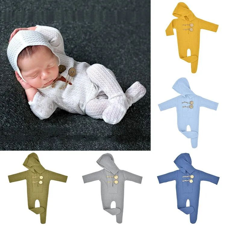 Footed Newborn Romper Spädbarn Babyfotografi Prop Jumpsuits Långärmad Hooded Stickade Rompers Klättra Kläder