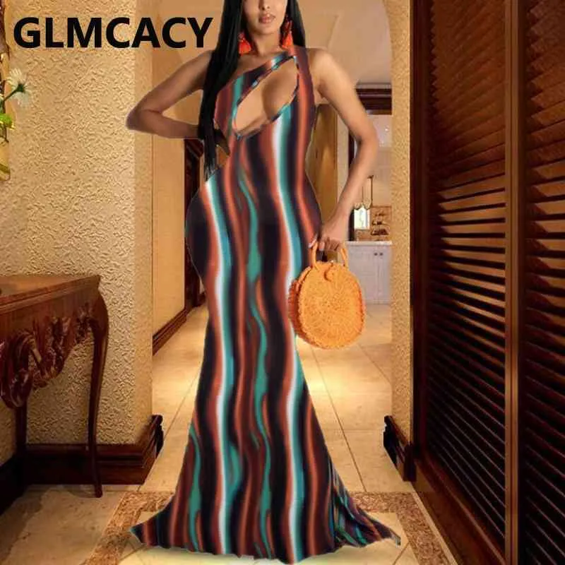 Une épaule vague imprimée robe maxi sexy robes de soirée élégantes 210702
