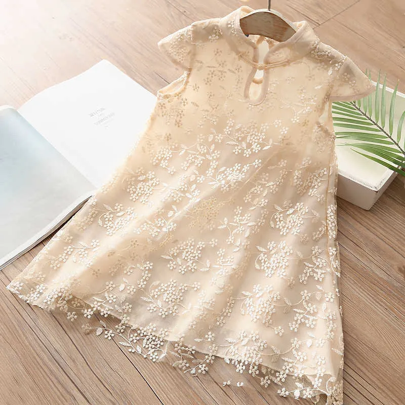 Sommar 2 3 4 5 6 7 8 10 år besättning neck chiffon kinesisk etnisk broderi mesh blommig cheongsam klänningar för barn baby tjejer 210529