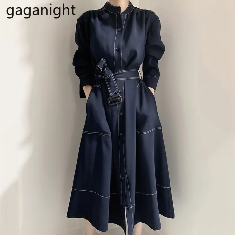 Gaganight Vintage Eleganckie Kobiety Maxi Bodycon Sukienka Moda Office Lady Solidna Linia Trench Sukienki Chic Koreański Vestidos Jesień 210303