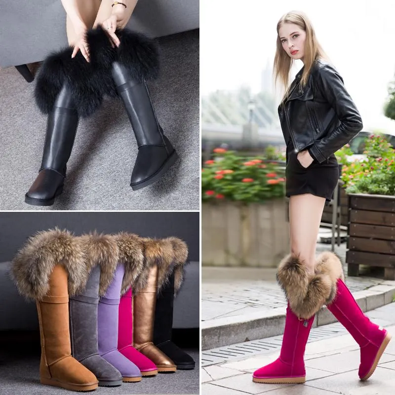 Snow Warm Fur Shoes Women`s Winter Lining Real Fur Trim Suede Leather Knee High Boots Thick Flats Shoes New