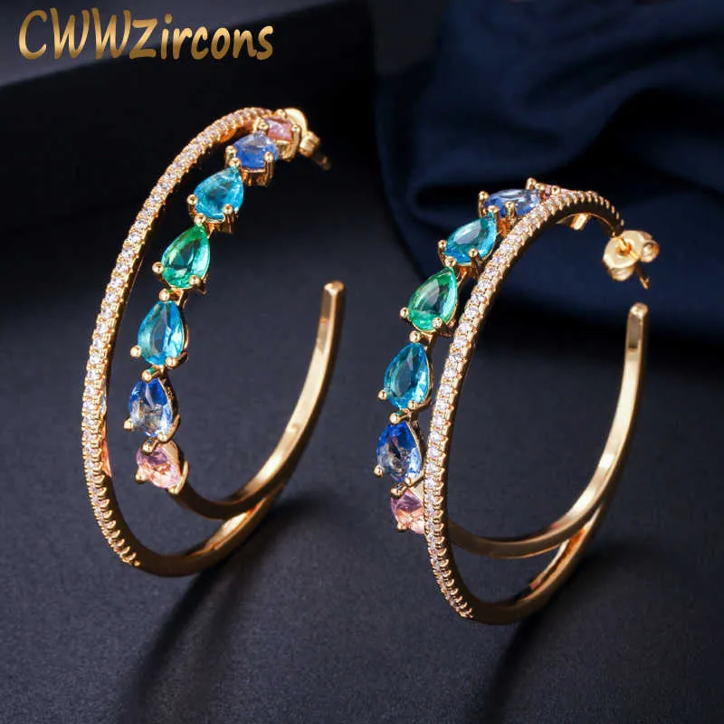 Dubbele Cirkel Rainbow Color Cubic Zirconia Crystal Big Ronde Gouden Hoop Oorbellen voor Vrouwen Verklaring Sieraden CZ562 210714