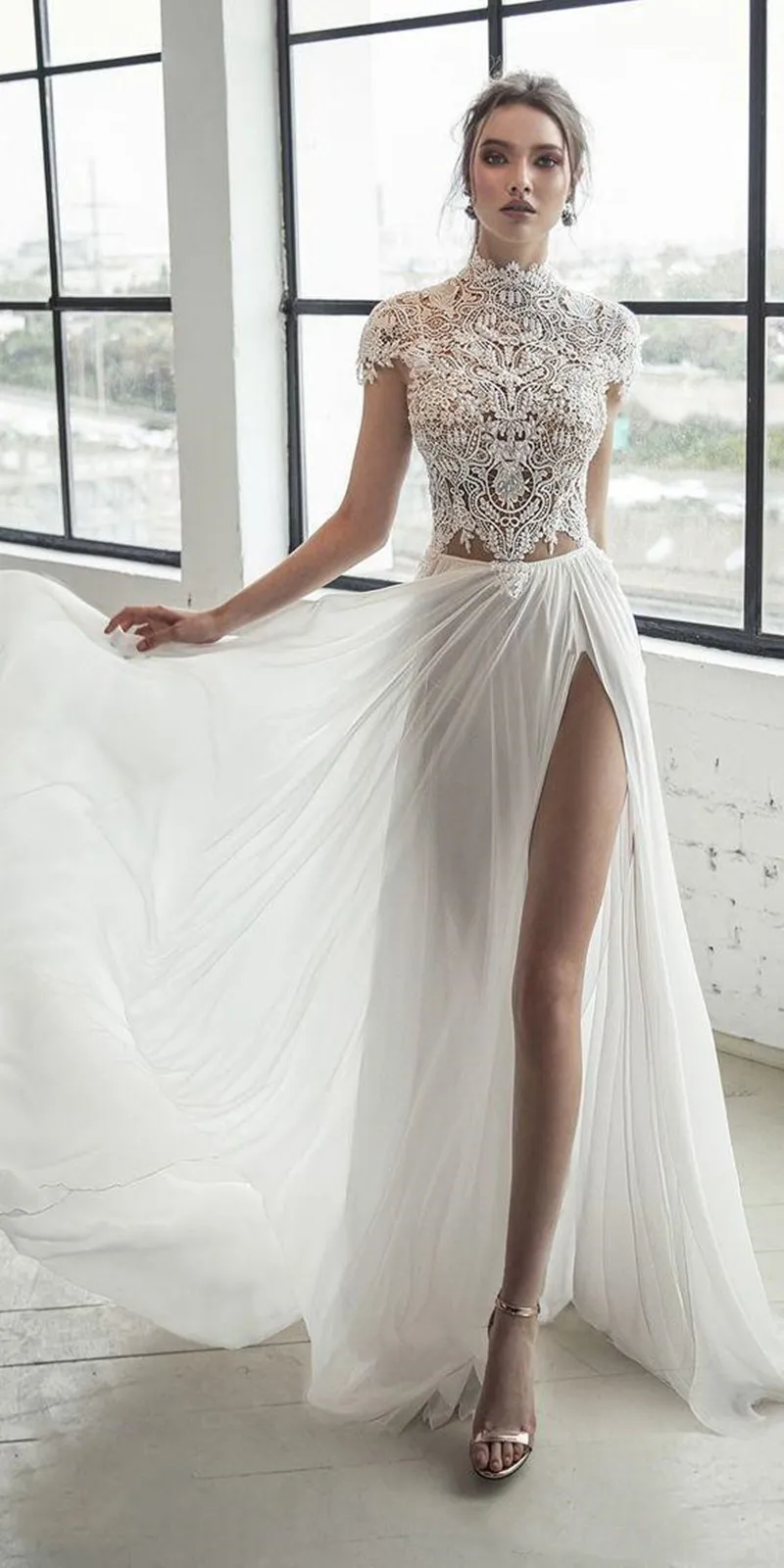 Lace Evening Gowns High Neck Cap Sleeve Slit Abiti Long Prom Klänningar Vestidos A Line Princess Country Dress Plus Storlek