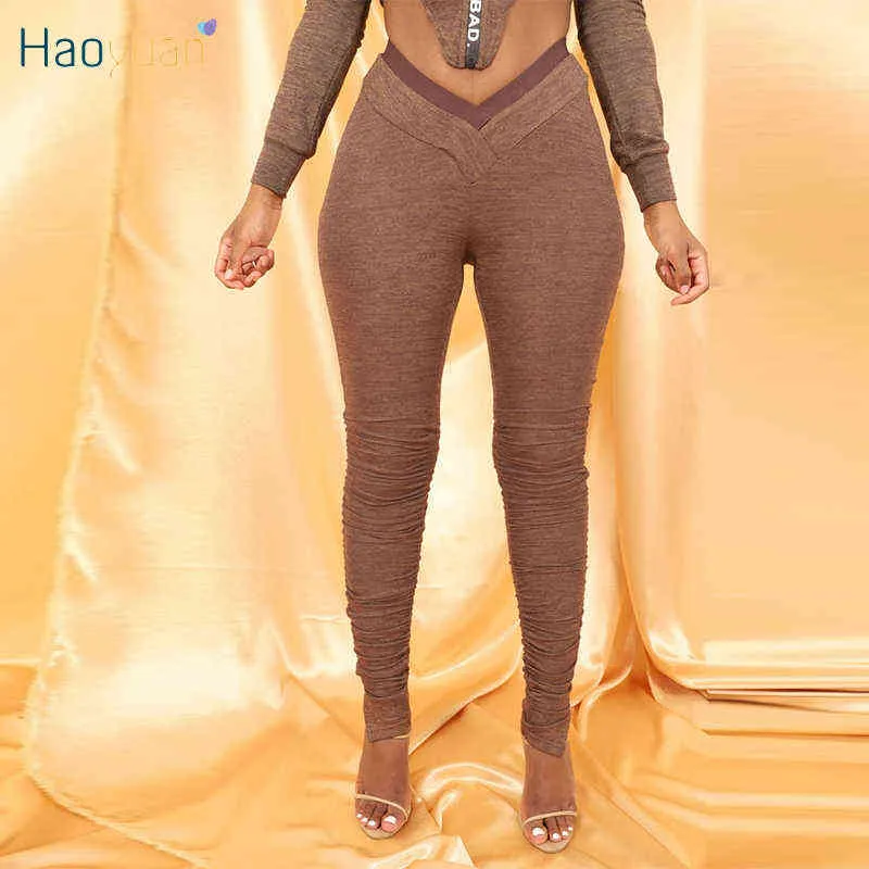 HAOYUAN Leggings empilés sexy pour femmes pantalons de survêtement vêtements d'automne taille haute pantalon joggers élastique moulante ourlet fendu pantalon de survêtement Y211115