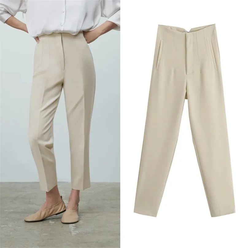 Za Mulheres Calças De Calça Alto Cantada Primavera Moda Moda Escritório Lady Bege Elegante Calças Casuais Pantalon Pour Femme 210925