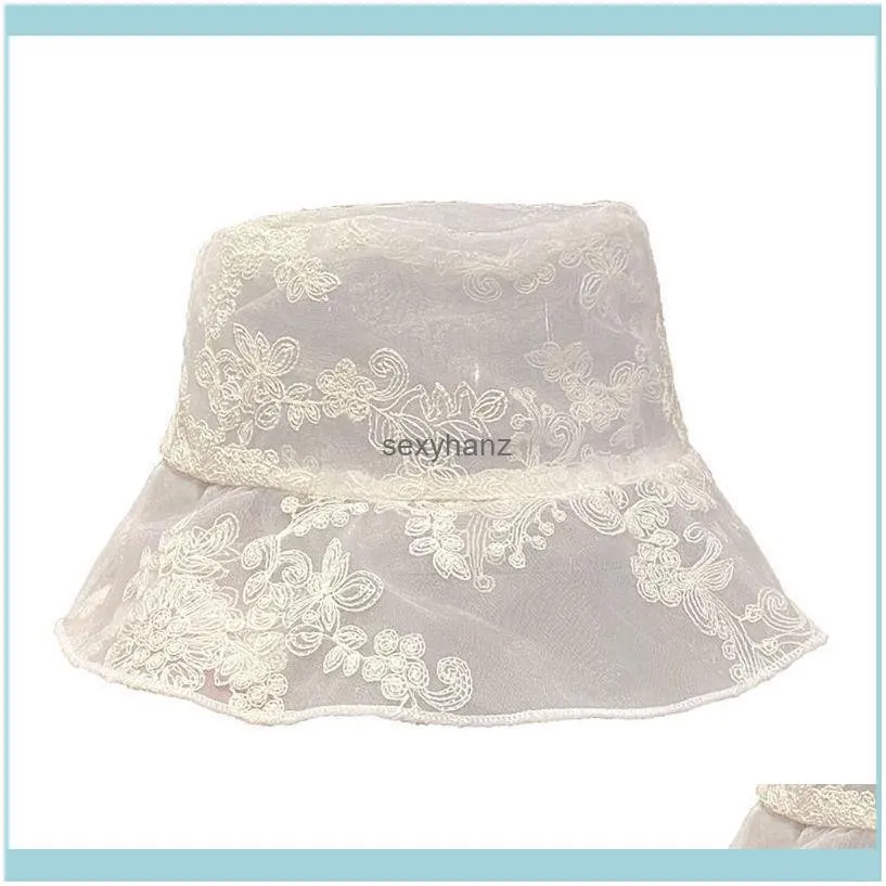 Women Spring Summer Lace Gauze Bucket Hat Embroidery Floral Ruffles Edge Short Brimmed Breathable Trendy Fisherman Sun Cap Wide Brim