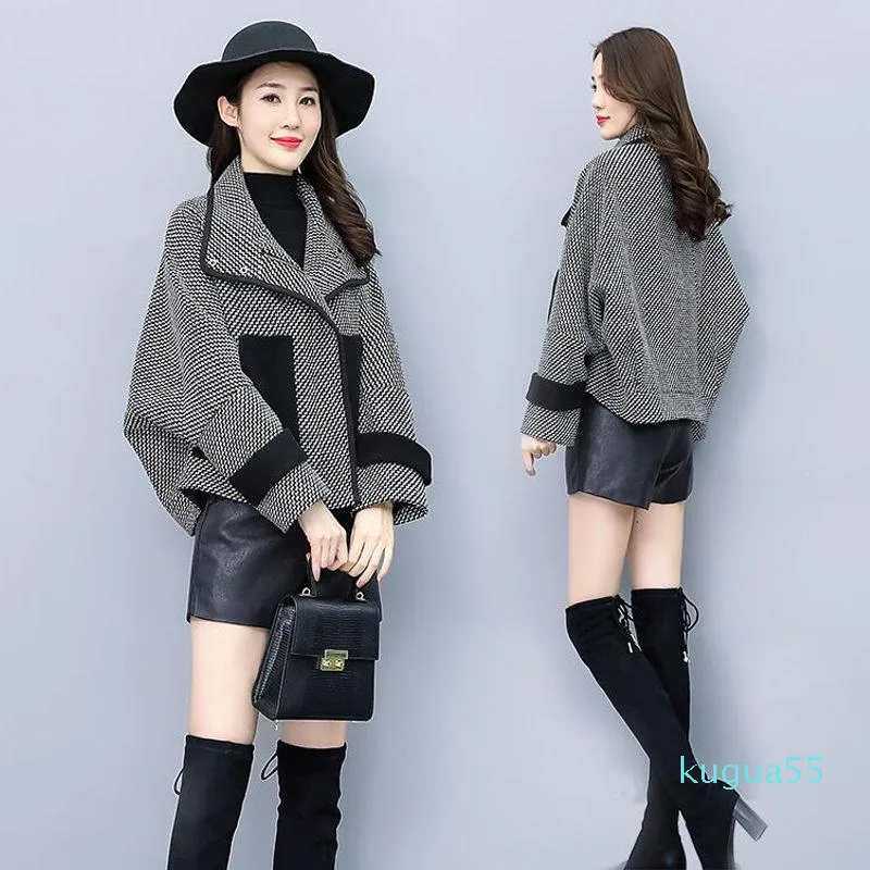 O lã feminina mistura simples xadrez casaco de lã curto feminino outono inverno moda coreana solta tamanho grande batida all-mathing overcoat