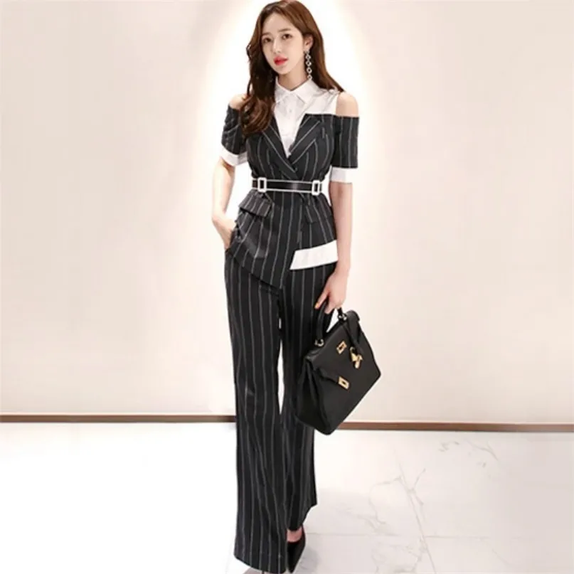 Womens Work Wear Two Pieces Set Korean OL Style Shirt Patchwork - Main Image