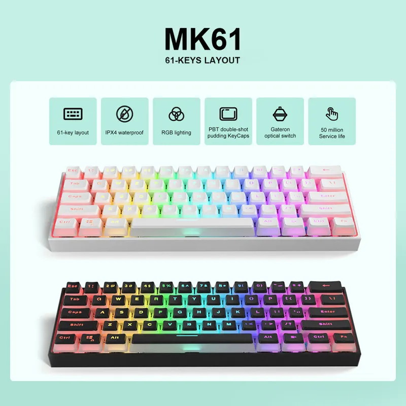 MK61 61 Tasten Kabelgebundene mechanische Gaming-Tastatur Gateron Optische NKRO RGB-Hintergrundbeleuchtung PBT-Tastenkappen Roter Schalter PC Computer