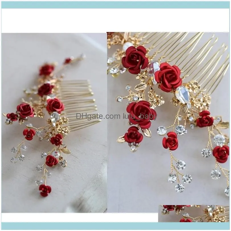 Jonnafe Red Rose Floral Headpiece For Women Prom Rhinestone Bridal Comb Accessories Handmade Wedding Hair Jewelry