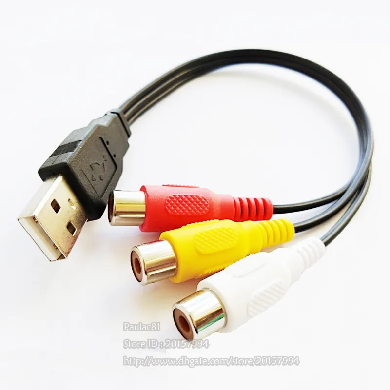 USB 2.0 Bir Erkek 3 RCA Kadın Ses Video AV Adaptörü Kordon Kablosu 25 cm / 2 adet
