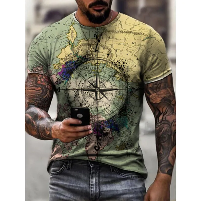 Heren nautische kaart kompas 3D print korte mouw T shirt Casual Summer Streetwear Punk Goth Crew Neck Tops Ademend Broad Cloth 2024