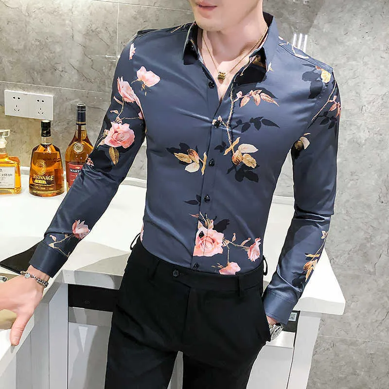Rose chemises à fleurs pour hommes coréen à manches longues coupe ajustée chemise décontractée Streetwear affaires robe formelle Blouse Camisa Masculina 210527