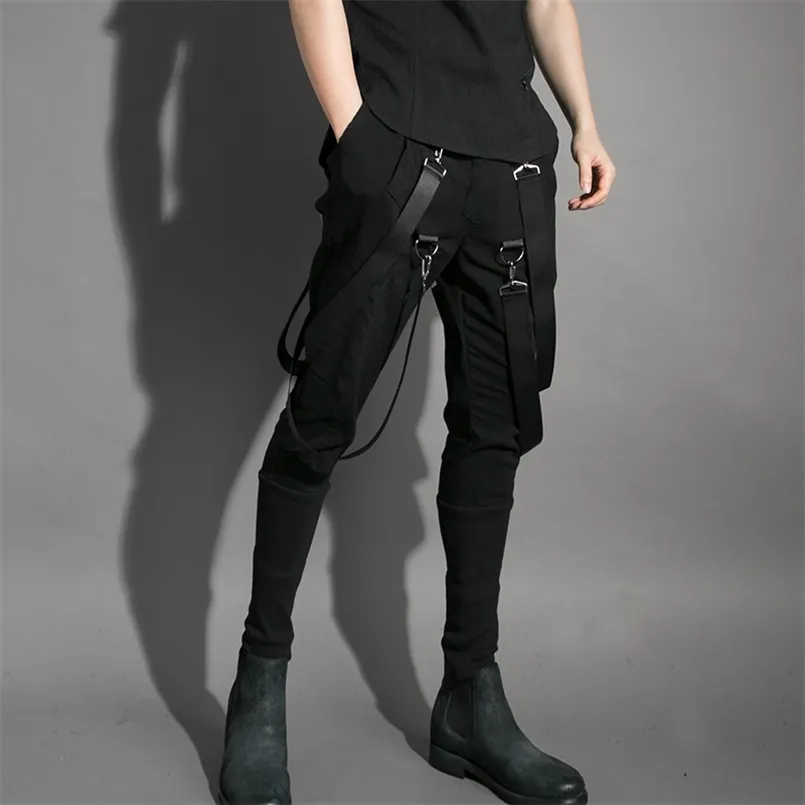 Mężczyźni Multi Kieszenie Hip Hop Punk Harem Spodnie Wstążki Street Wear Man Casual Joggers Elastyczna Talia Cargo Spodnie Techwear 211013