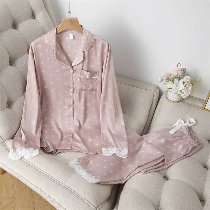 Home Abbigliamento Donna Estate Abito a due pezzi Pigiama Raso di seta di ghiaccio Capispalla sottile Stampa Pigiama di pizzo Sleep Wear Lounge Set 211112