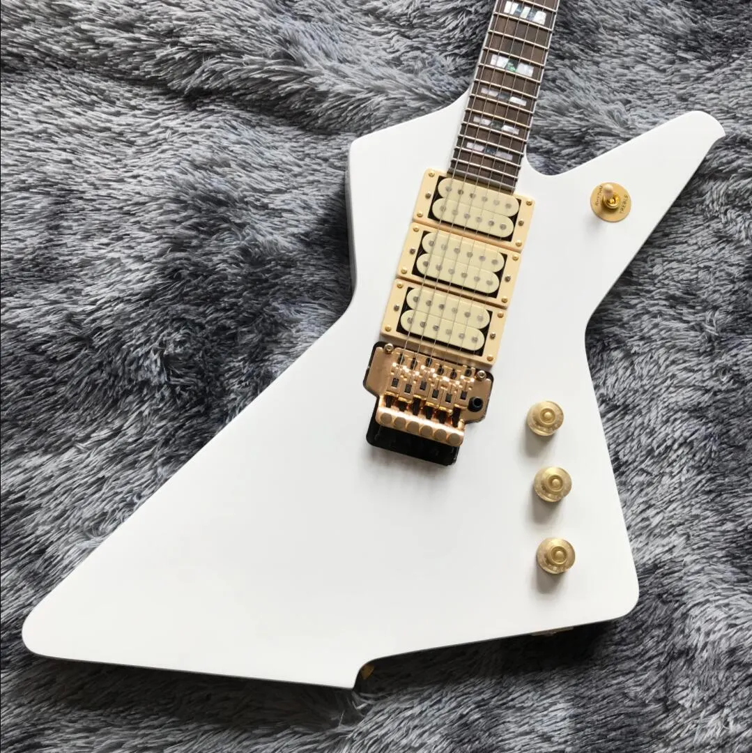 Gloss White Destroyer Electric Guitar Abalone Pearl Block Inlay, Floyd Rose Tremolo Bridge, Whammy Bar, 3 Pickups, Gold Hardware
