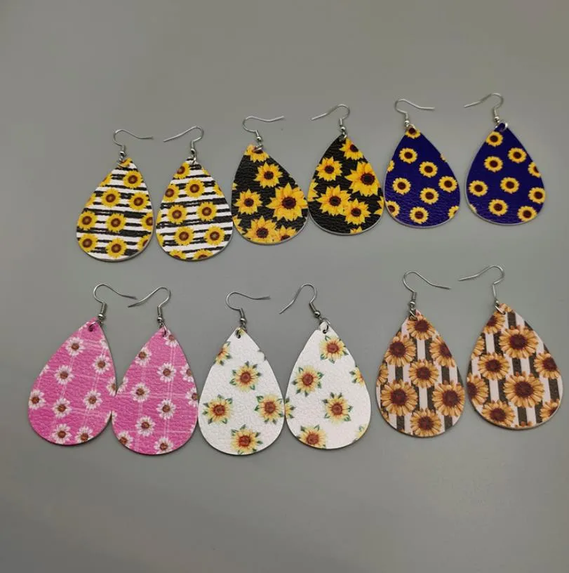 Dangle Lustre Boucles D'oreilles Bijoux De Haute Qualité Tournesol Imprimé Faux Cuir Larme Colorf Couches Fleur Motif Goutte D'eau Creative