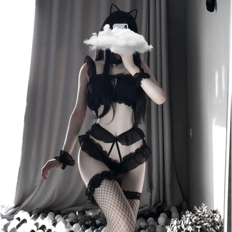 Mignon Grls Lolita Anime Cosplay Costume sous-vêtements caleçon tenues de femme de chambre chaton uniforme jeu de rôle chat fille Kawaii ensemble de Lingerie