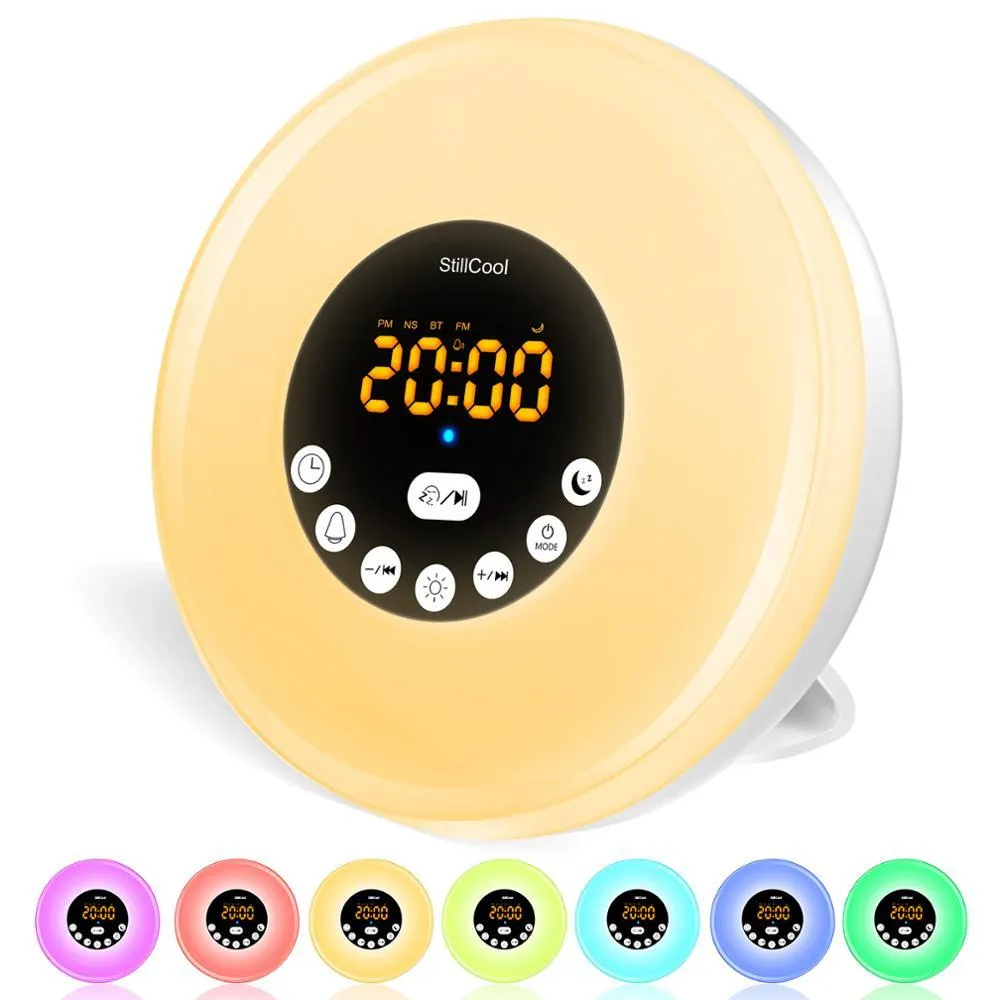 Stillcool despertador acordar luz, nascer do sol simulação mesa lâmpada de cabeceira proteção de olhos com rádio FM, sons da natureza 210310