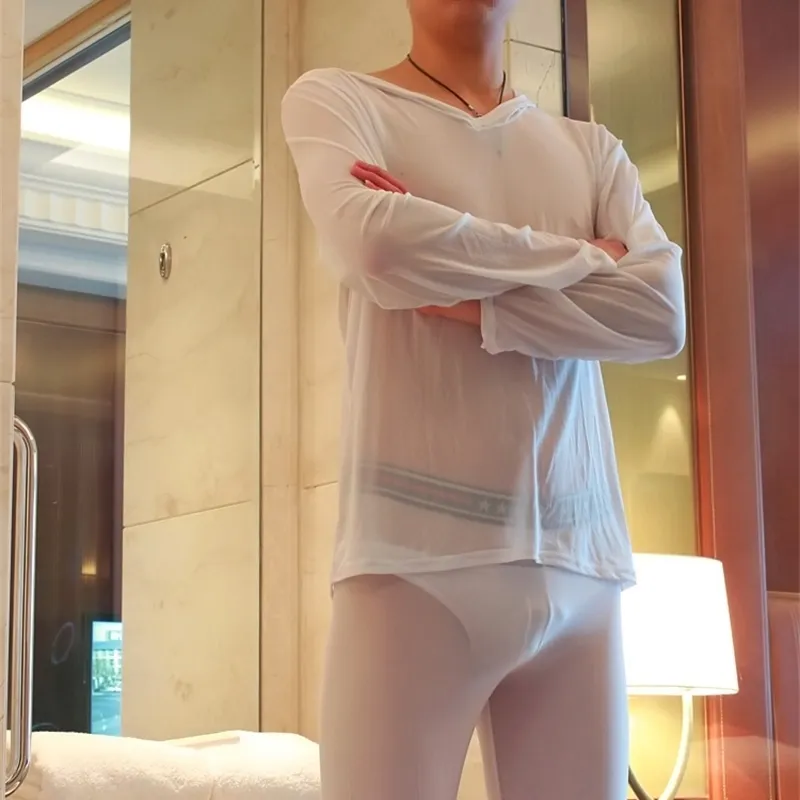 mens sexy night clothes Lingerie for Men Long Shirt Transparent Open Stitch Cardigan Cloak Casual  Tops Streetwear Nightgown Sleepwear Underwear