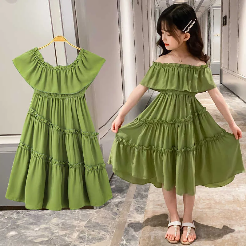 Kids Pleated Dresses for Girls Teenager Charming Dress Shoulderless Wedding Party Children's Clothing 4 5 7 9 11 12 14 Years Old Q0716