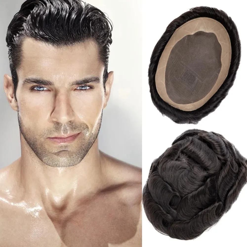 E-wigs Fine Mono Lace Mens Toupee Human Hair Hairpiece For Men Poly Coating Around Perimeter Replacement System D7-3 - Foto 8