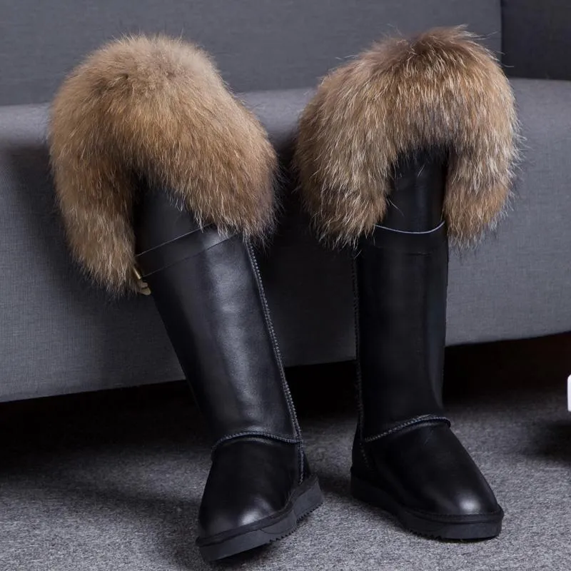 Snow Warm Fur Shoes Women`s Winter Lining Real Fur Trim Suede Leather Knee High Boots Thick Flats Shoes New