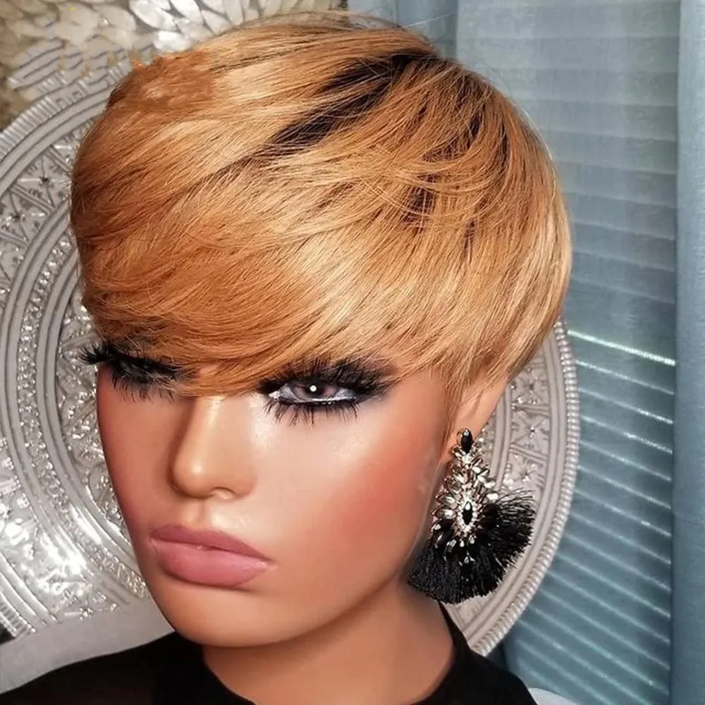 Gerade blonde Ombre-Perücke, kurze Pixie-Schnitt-Echthaar-Perücken, 100 % brasilianische Remy-Spitze-Front-Perücke für Frauen