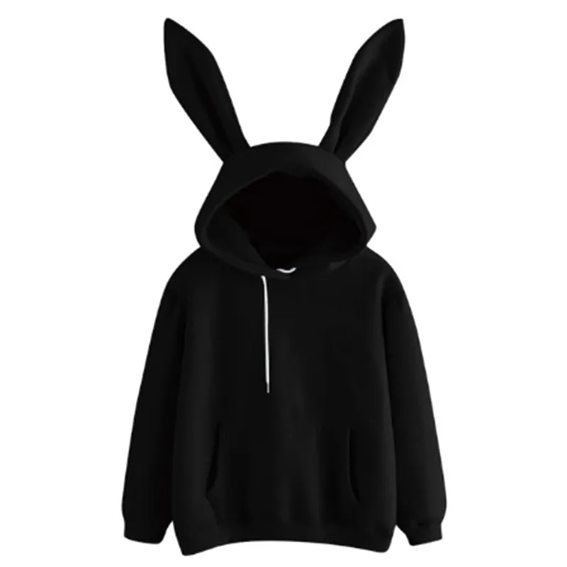 Sonbahar Kış Kadın Hoodies Kawaii Tavşan Kulakları Moda Hoody Rahat Renkler Düz Renk Sıcak Sweatshirt İçin