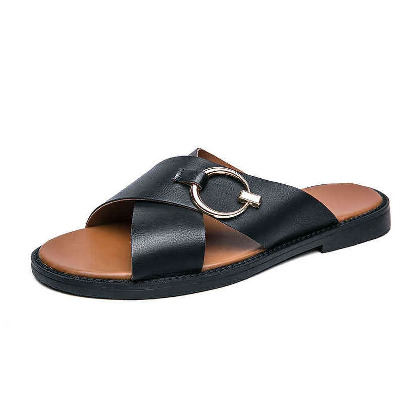 Slippers Mens Fashion Buckle Black Vintage PU Leather Summer Handmade Design Outdoor Sports Walking Pool Beach Versatile Sandals 220302